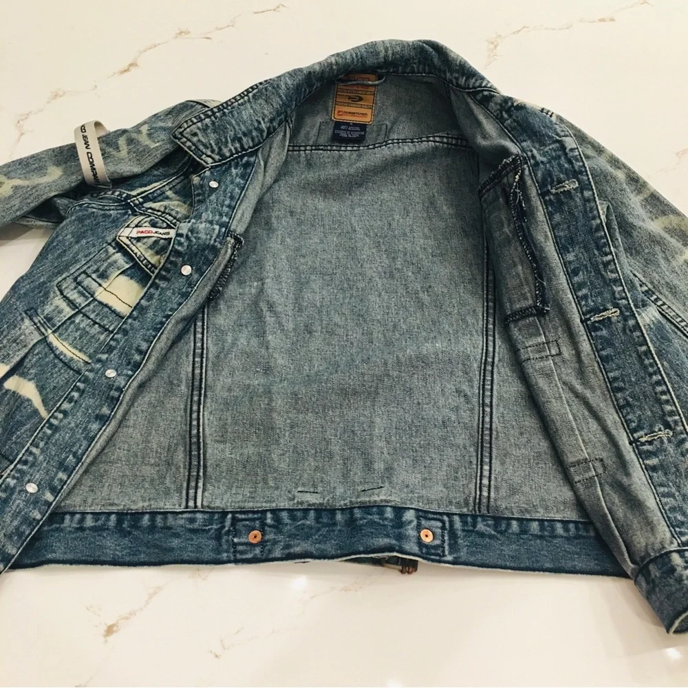 Vintage 2000 Paco Jeans Med Wash Mixed Distressed Denim Jacket Mens Size Small. - Picture 6 of 11